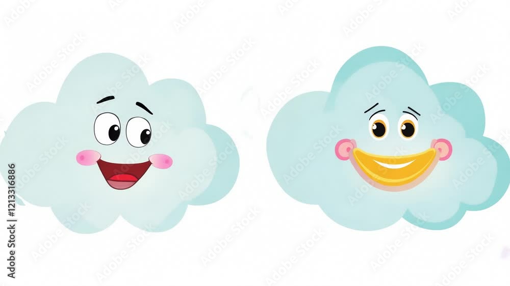 Two adorable cartoon-style clouds with cheerful and expressive faces, featuring blushing cheeks and bright smiles, perfect for children's themes and playful designs.  Animated clouds, animation 4k 
