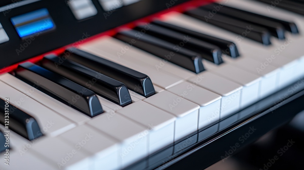 Close-up of piano keys showcasing black and white keys in a modern music setting Close-up of piano keys showcasing black and white keys in a modern music setting
