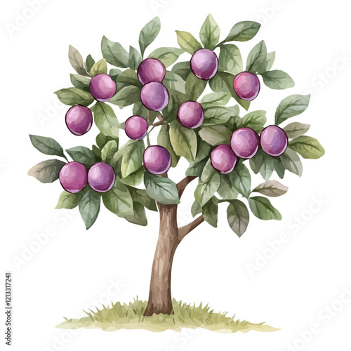 Wild Plum Tree with Fruit – A Vibrant and Rich Vector Illustration in Watercolor Flat Style
