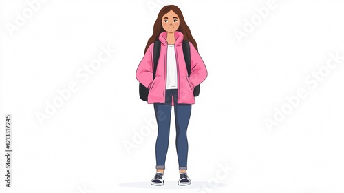 Stylish Urban Teen Girl in Pink Jacket - Centered Wide Angle Shot