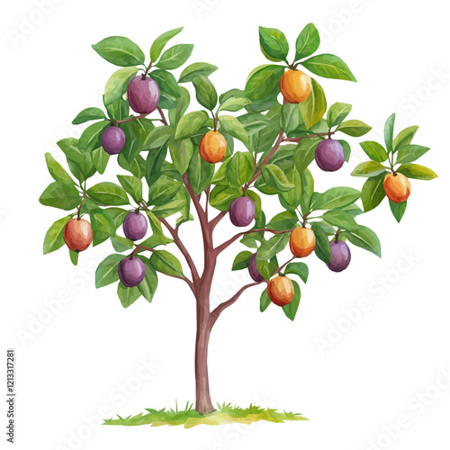 Wild Plum Tree with Fruit – A Vibrant and Rich Vector Illustration in Watercolor Flat Style

