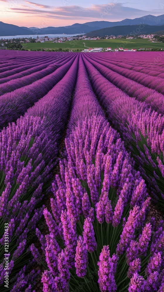 Fototapeta premium Stunning Lavender Field with Scenic Sunset Sky and Rolling Hills in Provence France - Perfect for Travel Inspiration and Nature Photography Lovers