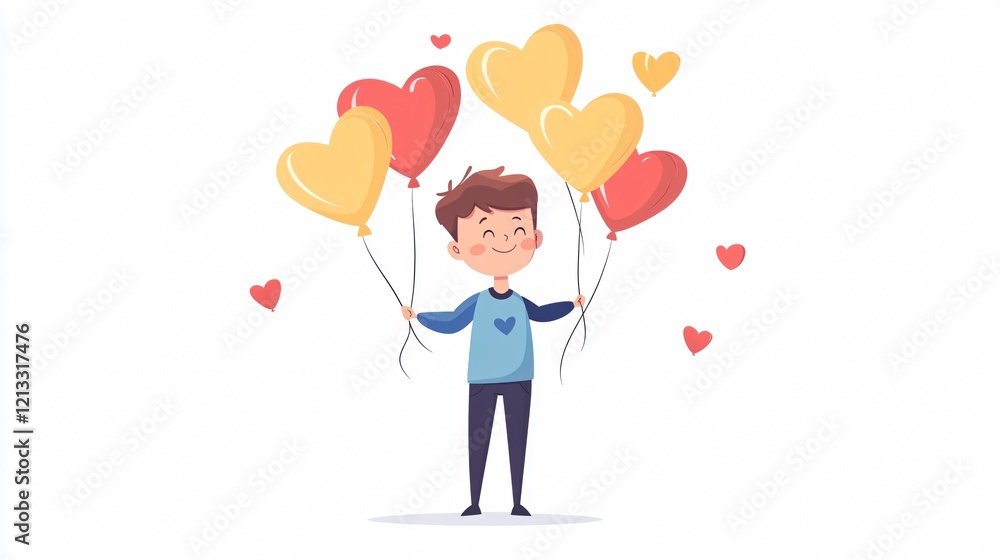 Wide Angle Shot of Young Cute Lover Boy Holding Helium Balloons Wide Angle Shot of Young Cute Lover Boy Holding Helium Balloons