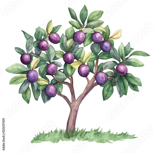 Wild Plum Tree with Fruit – A Vibrant and Rich Vector Illustration in Watercolor Flat Style
