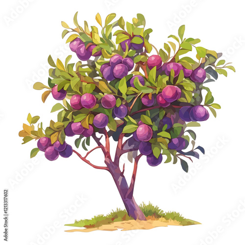 Wild Plum Tree with Fruit – A Vibrant and Rich Vector Illustration in Watercolor Flat Style
