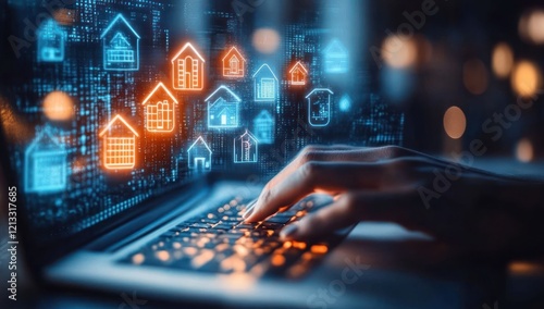 Digital Real Estate Marketing on Laptop with Holographic Houses in Cyberpunk Style