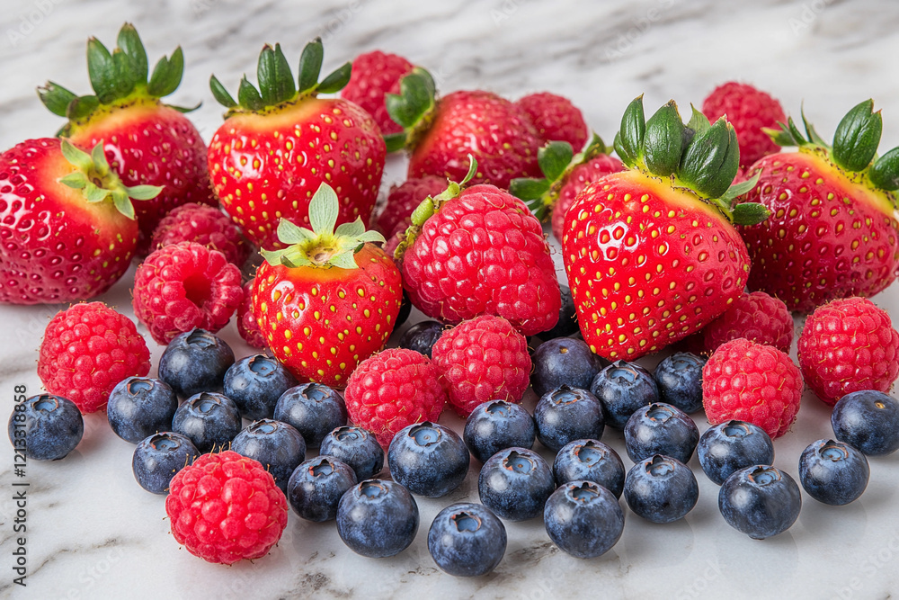 Fresh strawberries, raspberries, and blueberries arranged beautifully on a marble surface during daylight Fresh strawberries, raspberries, and blueberries arranged beautifully on a marble surface during daylight