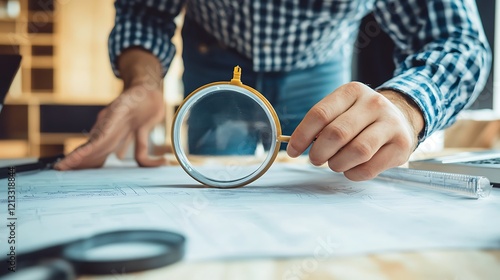 A Man Carefully Examines Architectural Blueprints Using A Magnifying Glass photo