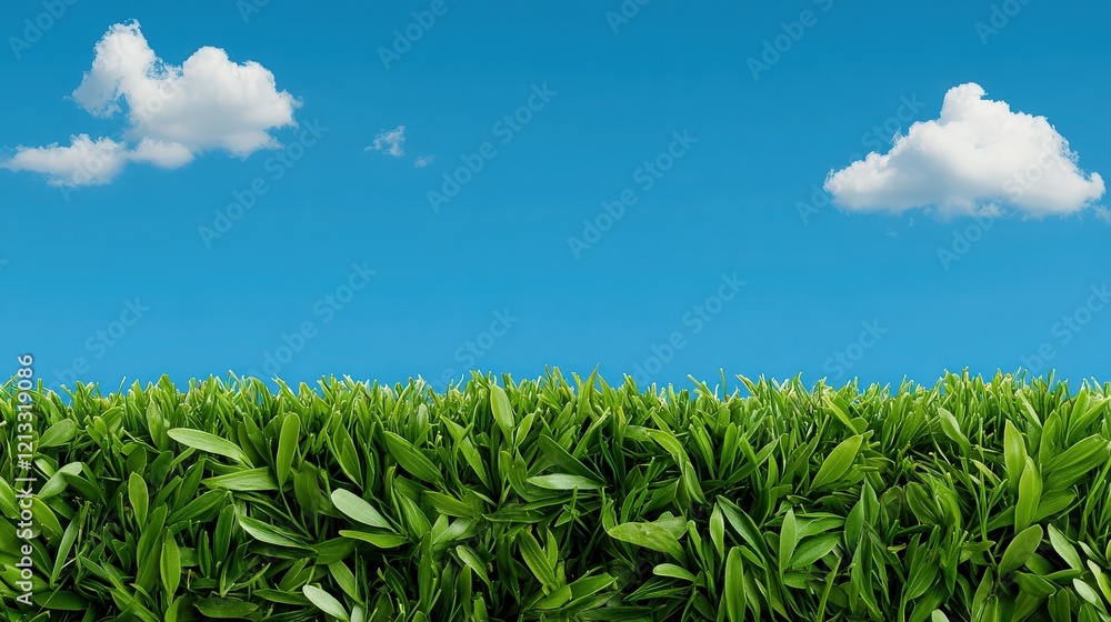 Green Grass and Blue Skies:  A panoramic view of lush, vibrant green grass reaching for the clear blue sky. Soft, fluffy white clouds drift lazily across the canvas, promising a beautiful day ahead.