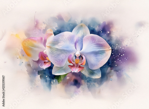 Two delicate orchids in soft pastel hues bloom against a watercolor background of blues, purples, and oranges.  The effect is ethereal and painterly. photo