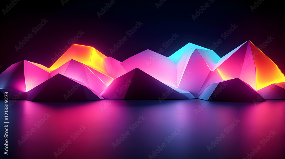 Vibrant Neon Geometric Landscape with Glowing Triangles and Reflections Vibrant Neon Geometric Landscape with Glowing Triangles and Reflections