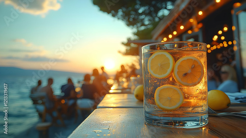 Fototapeta Naklejka Na Ścianę i Meble -  Refreshing Lemon Drink at Sunset Beach Restaurant