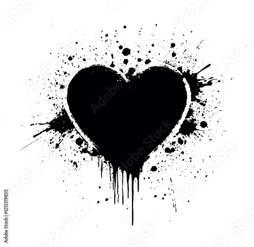 Black graffiti heart with dramatic paint splatter and dripping effects, ideal for edgy, artistic, or alternative design projects.