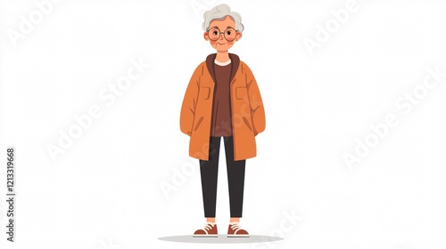 Elderly lady in stylish hair & casual attire, wide angle view
