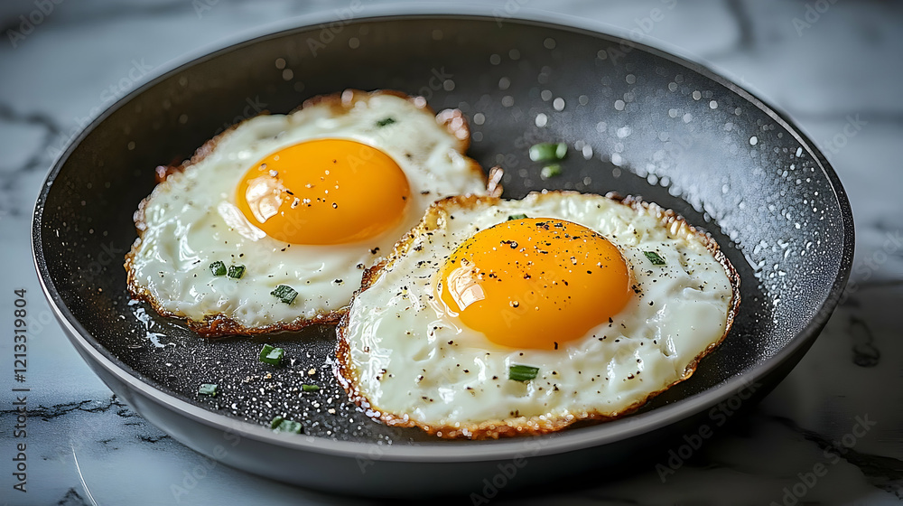 Close-up view of two perfectly fried eggs in a dark skillet, seasoned with pepper and chives, ready to be enjoyed for a healthy and delicious breakfas Close-up view of two perfectly fried eggs in a dark skillet, seasoned with pepper and chives, ready to be enjoyed for a healthy and delicious breakfas