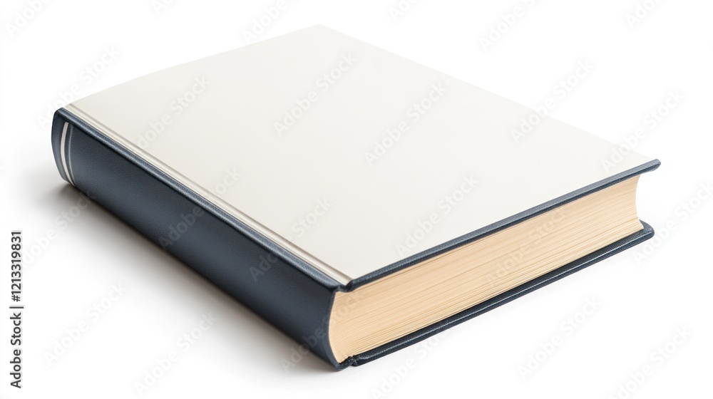 A hardcover book with a blue spine and blank white cover rests on white background A hardcover book with a blue spine and blank white cover rests on white background