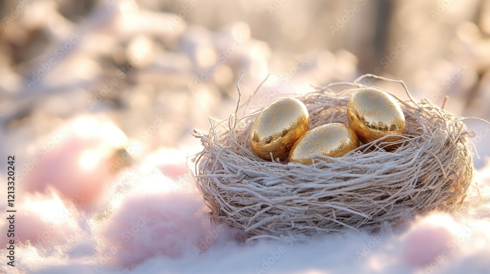 Three golden eggs nestled in a cozy snow-laden bird's nest at sunrise. Easter, Pascha, Paskha, Ostern, Pascua, Paques - Orthodox and Catholic Holiday celebration Three golden eggs nestled in a cozy snow-laden bird's nest at sunrise. Easter, Pascha, Paskha, Ostern, Pascua, Paques - Orthodox and Catholic Holiday celebration