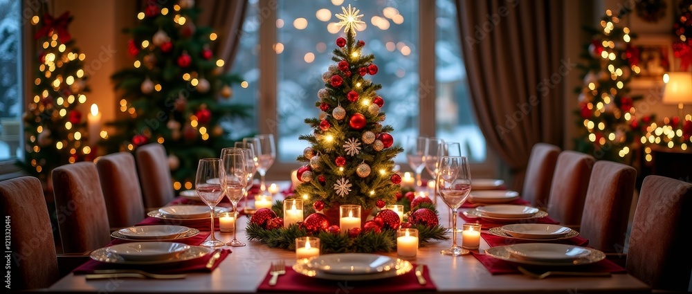 Naklejka premium A beautifully decorated Christmas tree stands tall on a festive table, surrounded by warm candles and elegant plates