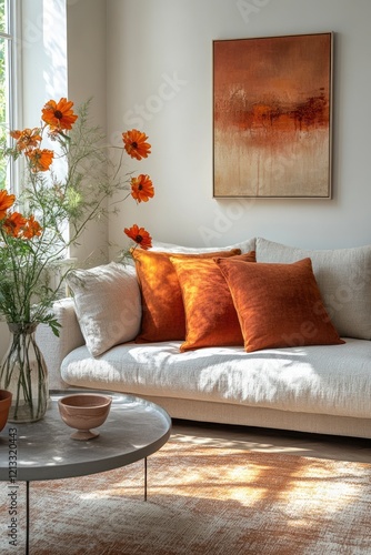 Modern Minimalist Living Room with Cozy Textures and Colorful Decor Featuring Couch Pillows and Bright Floral Accents