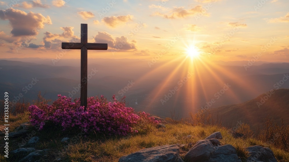 Fototapeta premium Sunrise over mountain cross with flowers and scenic landscape. Easter, Pascha, Paskha, Ostern, Pascua, Paques - Orthodox and Catholic Holiday celebration
