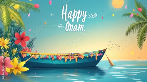 Traditional boat with colorful decorations celebrating onam festival on a tranquil water scene. Kerala Harvest Festival, Thiruvonam - Traditional South Indian Cultural Celebration, Malayalam New Year photo