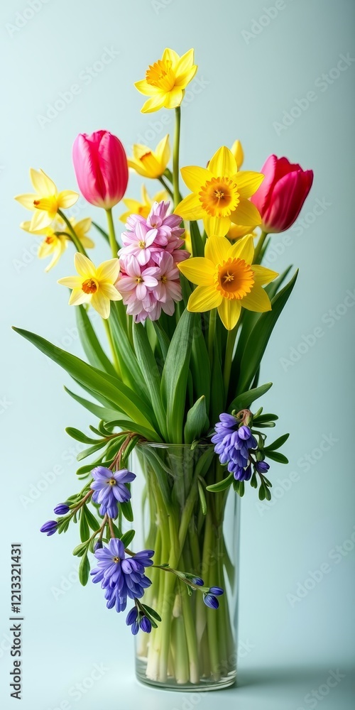 A bouquet of tulips, daffodils, and hyacinths in a vase