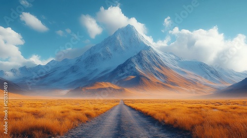 Majestic snow-capped mountain peak rising from a field with an unpaved road leading towards it photo