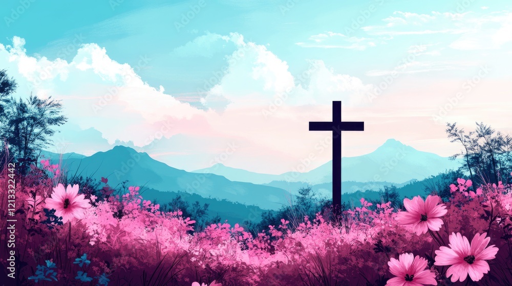 Obraz premium Tranquil mountain landscape with cross and vibrant pink flowers under blue sky. Easter, Pascha, Paskha, Ostern, Pascua, Paques - Orthodox and Catholic Holiday celebration