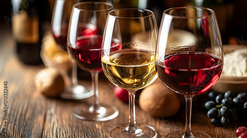 Three glasses of wine: A red, a white, and a ros?, accompanied by bread and grapes photo