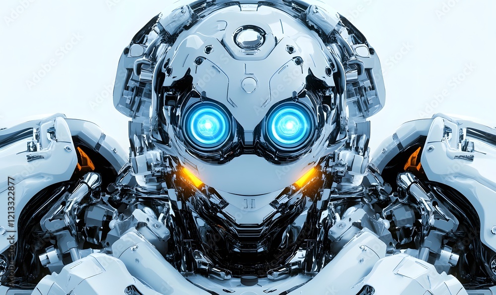 Fototapeta premium Futuristic Robot Head Closeup Studio Light Background