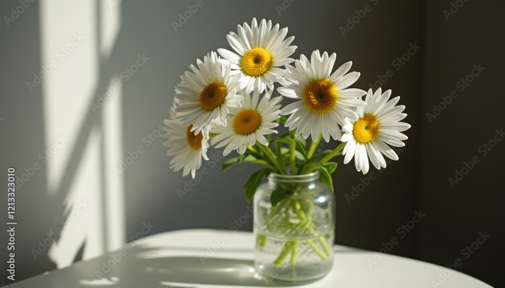 A charming bouquet of vibrant daisies, with their cheerful white petals and sunny yellow centers, is elegantly arranged in a clear glass jar. The soft sunlight casts gentle shadows, enhancing the A charming bouquet of vibrant daisies, with their cheerful white petals and sunny yellow centers, is elegantly arranged in a clear glass jar. The soft sunlight casts gentle shadows, enhancing the