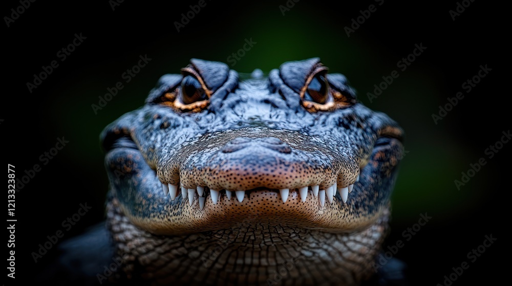 Fototapeta premium Close-up portrait of an alligator's head and face, showing its teeth and eyes against a dark background.
