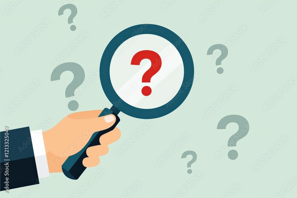 A Business Professional's Hand Holding a Magnifying Glass Over Question Marks Representing Research, Inquiry, and Problem Solving in a Corporate Environment A Business Professional's Hand Holding a Magnifying Glass Over Question Marks Representing Research, Inquiry, and Problem Solving in a Corporate Environment