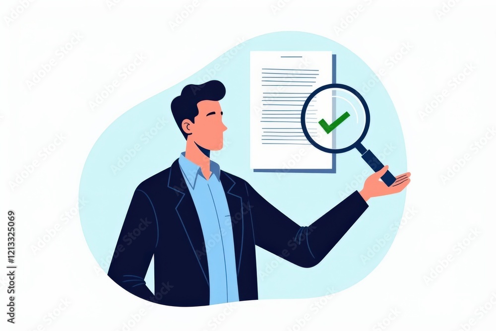 Businessman Reviewing Document with Magnifying Glass for Quality Assurance and Verification in Professional Environment Businessman Reviewing Document with Magnifying Glass for Quality Assurance and Verification in Professional Environment