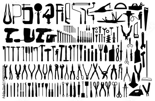 Array of Tools: A comprehensive collection of tools silhouetted against a backdrop, perfect for representing various construction, repair, and craft-related projects