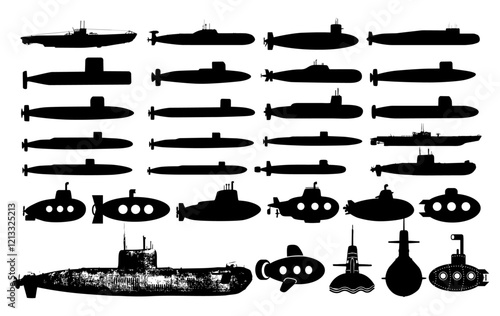 Submarine Armada: A striking silhouette of an armada of submarines, showcasing various designs, forms, and sizes, evoking a sense of maritime power and defense.