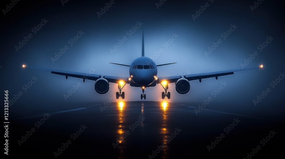 Naklejka premium Airplane landing in fog at night.