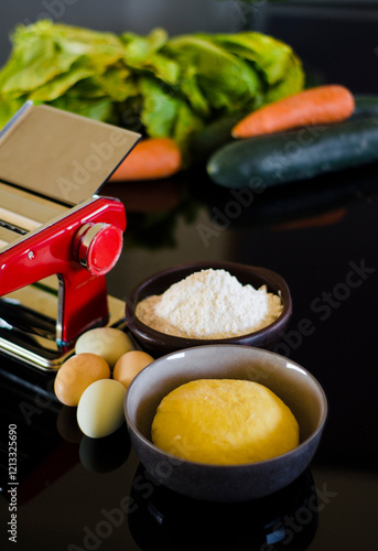 The fresh pasta and machine on kitchen table home made
