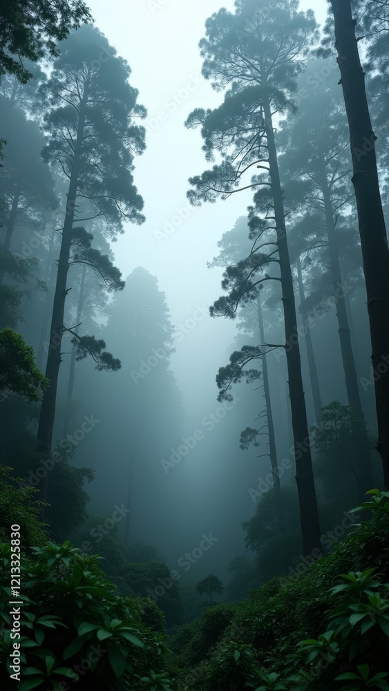 Obraz premium A serene and mystical forest landscape with towering trees and fog