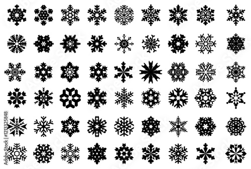 Snowflake Collection: A diverse array of delicate snowflake designs, creating a symmetrical pattern with stunning variation and textural detail, evoke the chilly essence of winter.