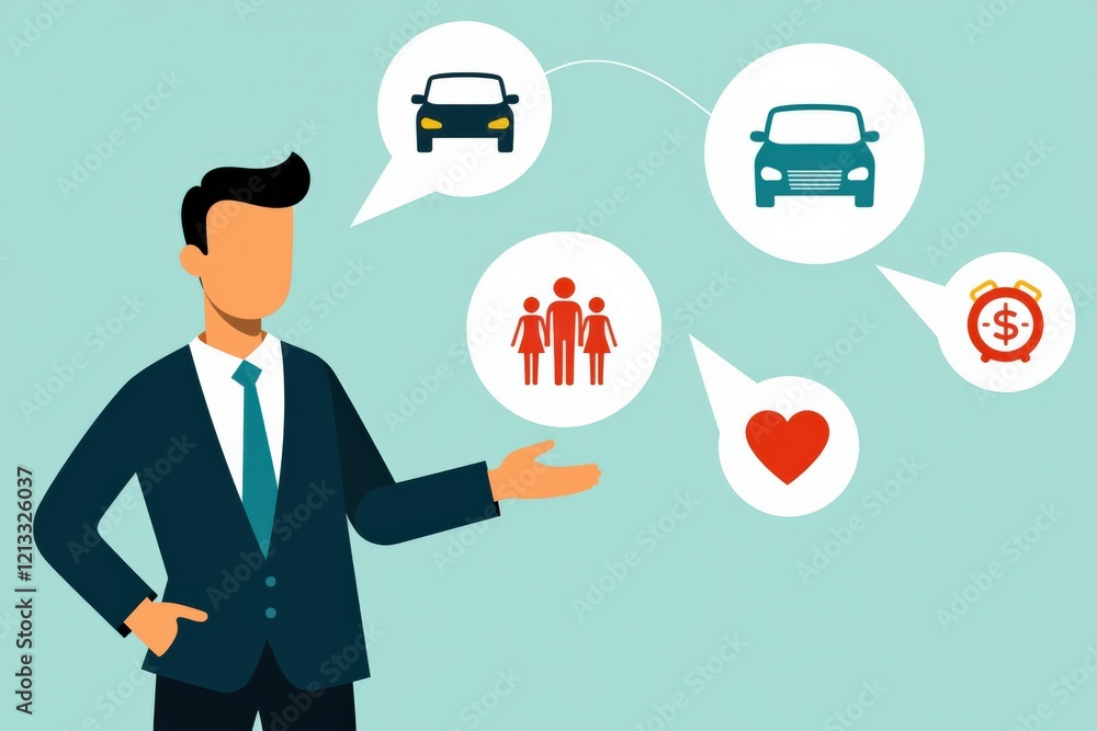 Businessman Illustrating Key Aspects of Life: Family, Love, Money, and Transport in Modern Society Through Thought Bubbles Businessman Illustrating Key Aspects of Life: Family, Love, Money, and Transport in Modern Society Through Thought Bubbles