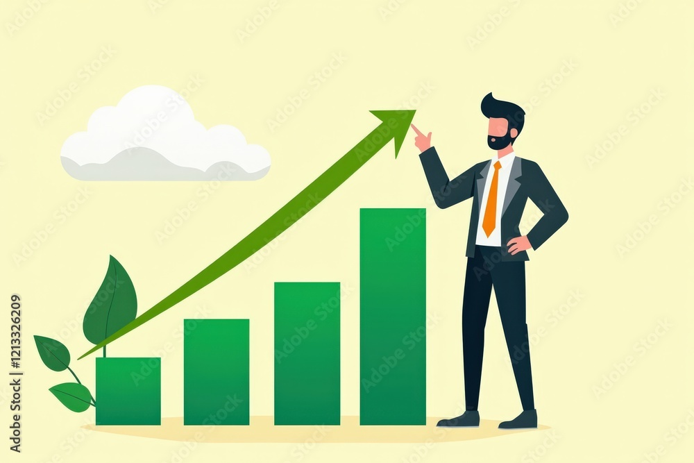 Businessman Standing Next to Growing Bar Graph with Green Arrow, Illustrating Concept of Financial Growth, Success, and Eco-friendly Investments Businessman Standing Next to Growing Bar Graph with Green Arrow, Illustrating Concept of Financial Growth, Success, and Eco-friendly Investments