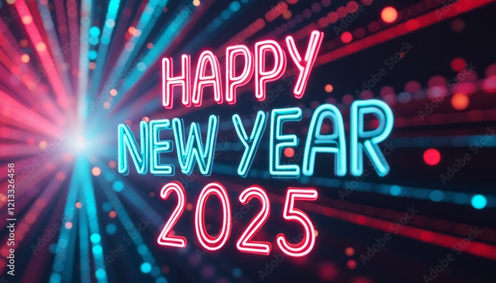 A dazzling display of neon lights bursts forth, showcasing the festive message Happy New Year 2025 in bright pink and blue hues. The radiant beams and colorful dots create an electrifying atmosphere A dazzling display of neon lights bursts forth, showcasing the festive message Happy New Year 2025 in bright pink and blue hues. The radiant beams and colorful dots create an electrifying atmosphere
