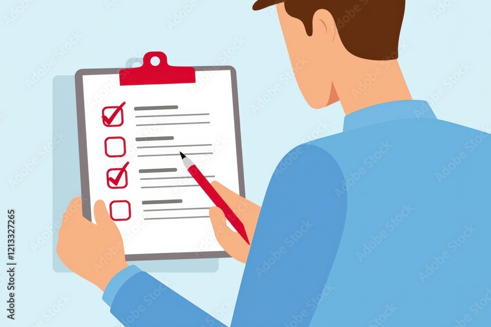 Young Professional Reviewing Checklist on Clipboard with Red Pen - Efficient Planning and Organization Concept for Business and Personal Use Young Professional Reviewing Checklist on Clipboard with Red Pen - Efficient Planning and Organization Concept for Business and Personal Use