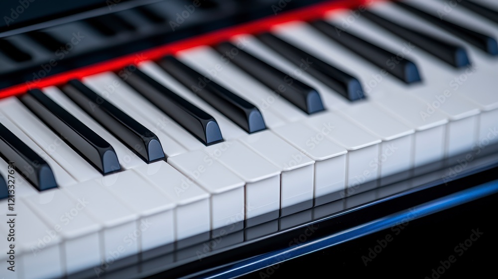 Close-up view of piano keys showcasing black and white keys with smooth finish and reflections Close-up view of piano keys showcasing black and white keys with smooth finish and reflections