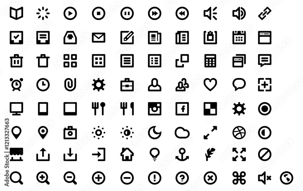 A Digital World's Essentials: Collection of minimalist, monochrome icons, showcasing a variety of frequently used digital symbols for everyday digital interaction. A Digital World's Essentials: Collection of minimalist, monochrome icons, showcasing a variety of frequently used digital symbols for everyday digital interaction.