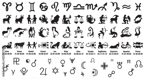 Celestial Signs and Symbols: A captivating collection of zodiac symbols and astrological signs, each exquisitely rendered in black and white.