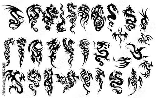 Dragon's Ink Collection: A mesmerizing array of dragon tattoos, intricately designed with bold lines, curves, and patterns. Each tattoo embodies the power and mystique of mythical creatures