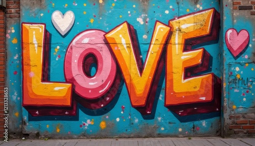 This eye-catching graffiti mural features the word LOVE in large, playful letters, bursting with vibrant colors against a bright blue background. The artwork is adorned with whimsical hearts and