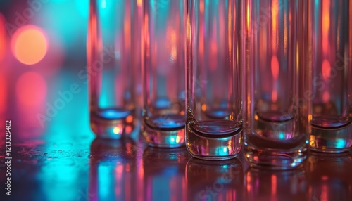 Wallpaper Mural A row of clear test tubes stands elegantly against a backdrop of vivid, colorful lights, creating a mesmerizing visual effect. The interplay of reflections and hues evokes a sense of scientific wonder Torontodigital.ca